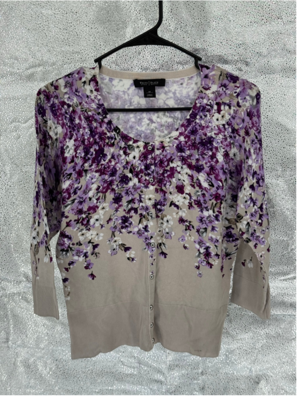 Women's White House Black Market Floral Cardigan Sweater Beige Purple Size M